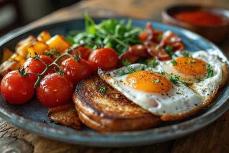 picture of english breakfast with eggs, tomatoes, bacon, beans, mushrooms and sausage.の素材