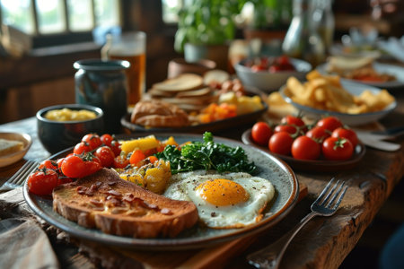 picture of english breakfast with eggs, tomatoes, bacon, beans, mushrooms and sausage.の素材