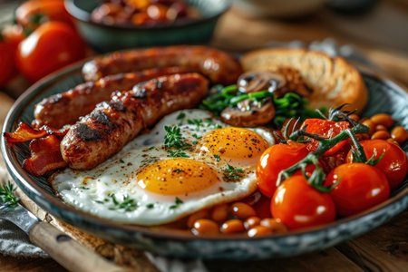 picture of english breakfast with eggs, tomatoes, bacon, beans, mushrooms and sausage.の素材