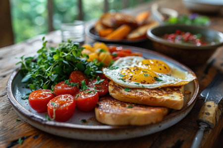 picture of english breakfast with eggs, tomatoes, bacon, beans, mushrooms and sausage.の素材