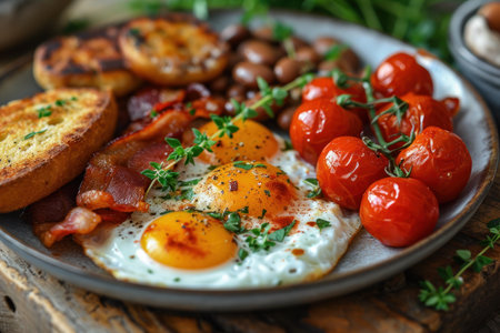 picture of english breakfast with eggs, tomatoes, bacon, beans, mushrooms and sausage.の素材