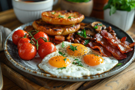 picture of english breakfast with eggs, tomatoes, bacon, beans, mushrooms and sausage.の素材