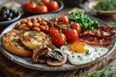 picture of english breakfast with eggs, tomatoes, bacon, beans, mushrooms and sausage.の素材