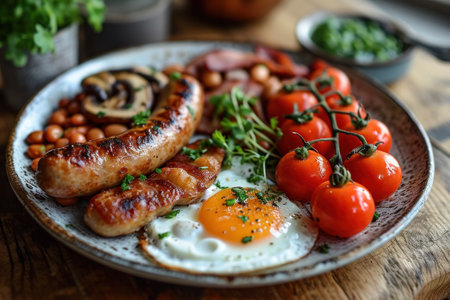 picture of english breakfast with eggs, tomatoes, bacon, beans, mushrooms and sausage.の素材