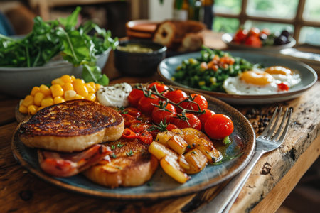 picture of english breakfast with eggs, tomatoes, bacon, beans, mushrooms and sausage.の素材