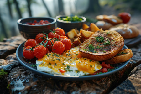 picture of english breakfast with eggs, tomatoes, bacon, beans, mushrooms and sausage.の素材