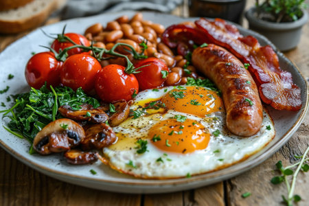 picture of english breakfast with eggs, tomatoes, bacon, beans, mushrooms and sausage.の素材