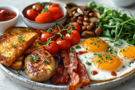 picture of english breakfast with eggs, tomatoes, bacon, beans, mushrooms and sausage.の素材
