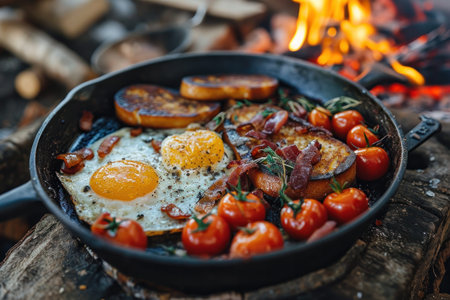 picture of english breakfast with eggs, tomatoes, bacon, beans, mushrooms and sausage.の素材