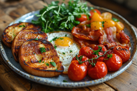 picture of english breakfast with eggs, tomatoes, bacon, beans, mushrooms and sausage.の素材