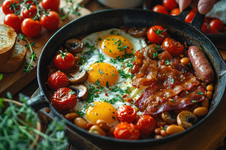 picture of english breakfast with eggs, tomatoes, bacon, beans, mushrooms and sausage.の素材