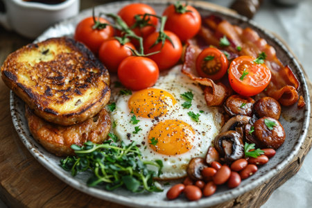 picture of english breakfast with eggs, tomatoes, bacon, beans, mushrooms and sausage.の素材