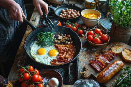 picture of english breakfast with eggs, tomatoes, bacon, beans, mushrooms and sausage.の素材