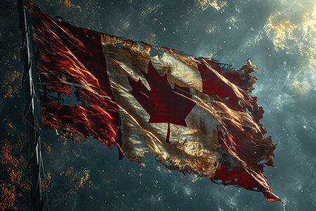 scene dominated by the iconic Maple Leaf, rendered in striking red against a clean and pristine white background. canadian flag conceptの素材