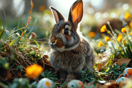 picture of fluffy easter rabbit and eggs.の素材