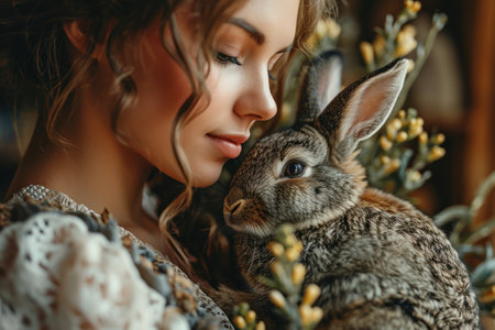picture of fluffy easter rabbit and eggs.の素材