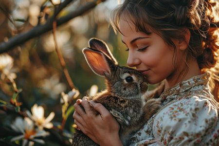 picture of fluffy easter rabbit and eggs.の素材