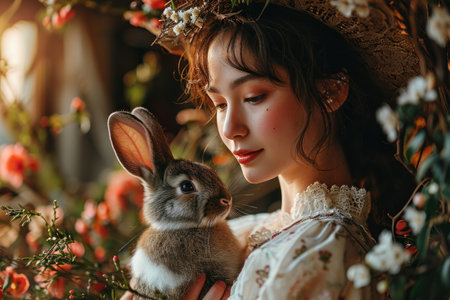 picture of fluffy easter rabbit and eggs.の素材