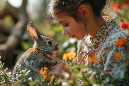 picture of fluffy easter rabbit and eggs.の素材