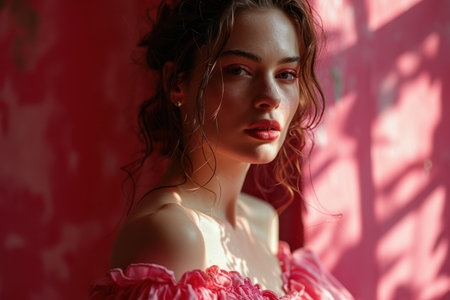 a woman elegantly adorned in a pink dress.の素材