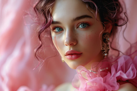 a woman elegantly adorned in a pink dress.の素材