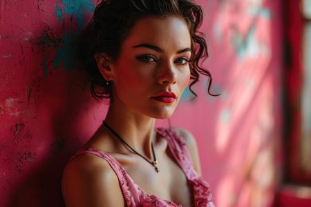 a woman elegantly adorned in a pink dress.の素材