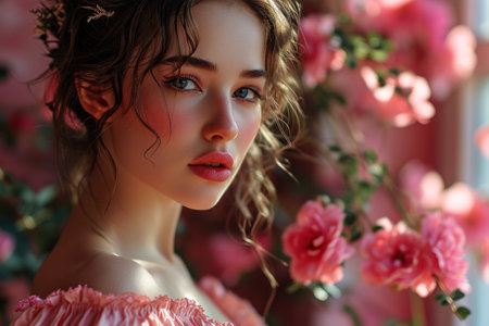 a woman elegantly adorned in a pink dress.の素材
