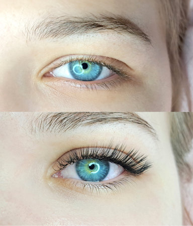 Close up of eye with eyelash extensions,beauty salon treatment,2d volume, 3d volume, classical lashes,Russian volume,megavolume, new set.の写真素材