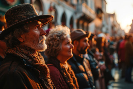 carnival scene in Venice unfolds with a crowd, adorned in exquisite costumes and elegant masks, canals and gondolasの素材