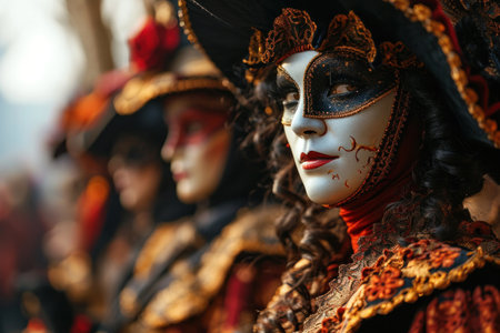 carnival scene in Venice unfolds with a crowd, adorned in exquisite costumes and elegant masks, canals and gondolasの素材