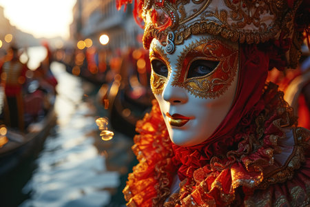 carnival scene in Venice unfolds with a crowd, adorned in exquisite costumes and elegant masks, canals and gondolasの素材