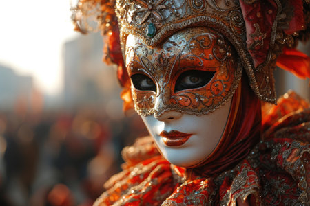 carnival scene in Venice unfolds with a crowd, adorned in exquisite costumes and elegant masks, canals and gondolasの素材
