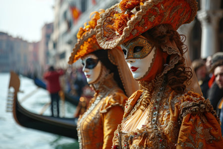 carnival scene in Venice unfolds with a crowd, adorned in exquisite costumes and elegant masks, canals and gondolasの素材