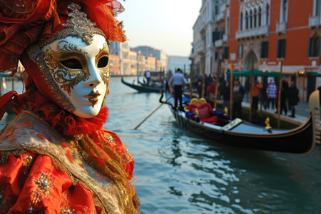 carnival scene in Venice unfolds with a crowd, adorned in exquisite costumes and elegant masks, canals and gondolasの素材