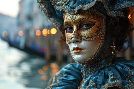 carnival scene in Venice unfolds with a crowd, adorned in exquisite costumes and elegant masks, canals and gondolasの素材