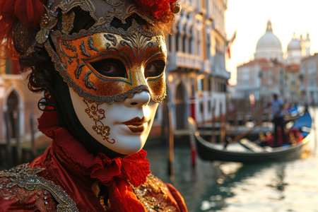 carnival scene in Venice unfolds with a crowd, adorned in exquisite costumes and elegant masks, canals and gondolasの素材