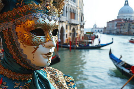 carnival scene in Venice unfolds with a crowd, adorned in exquisite costumes and elegant masks, canals and gondolasの素材
