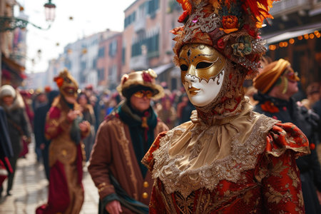 carnival scene in Venice unfolds with a crowd, adorned in exquisite costumes and elegant masks, canals and gondolasの素材
