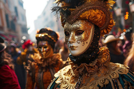 carnival scene in Venice unfolds with a crowd, adorned in exquisite costumes and elegant masks, canals and gondolasの素材