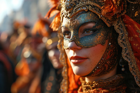 carnival scene in Venice unfolds with a crowd, adorned in exquisite costumes and elegant masks, canals and gondolasの素材