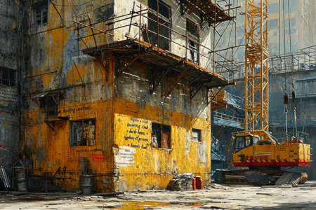 cranes and workers in hard hats at the construction.の素材