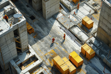 cranes and workers in hard hats at the construction.の素材