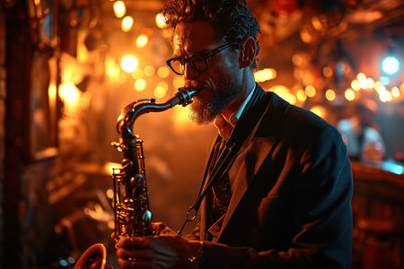 silhouette of a saxophonist against a dimly lit jazz club backdrop.の素材