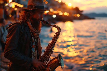 silhouette of a saxophonist against a dimly lit jazz club backdrop.の素材