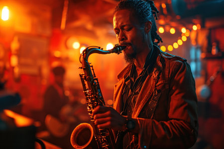 silhouette of a saxophonist against a dimly lit jazz club backdrop.の素材