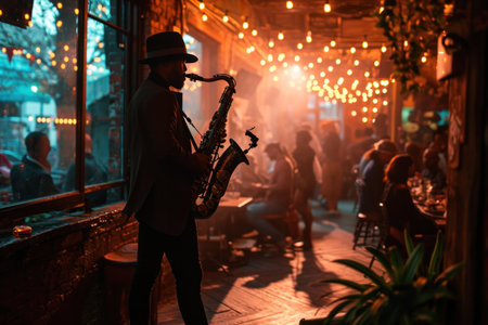 silhouette of a saxophonist against a dimly lit jazz club backdrop.の素材