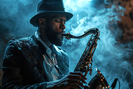 silhouette of a saxophonist against a dimly lit jazz club backdrop.の素材