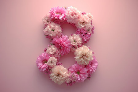 number 8 composed of flowers, representing the concept of International Women's Day on March 8.の素材