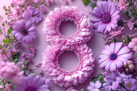 number 8 composed of flowers, representing the concept of International Women's Day on March 8.の素材