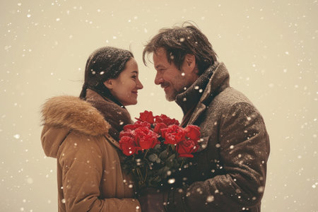man presenting bouquet of flowers to woman,st valentine's day.の素材